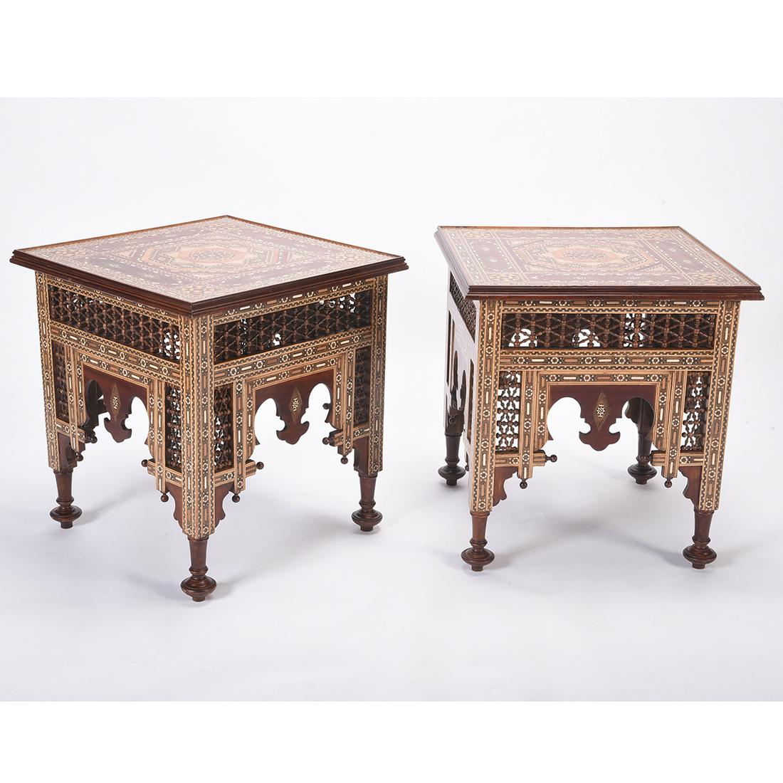 Pair of Moorish Style Inlaid Square Tables.: Pair of Moorish Style Inlaid Square Tables. Accented with small baluster carvings. {Approximate dimensions: 26 3/4 high x 25 wide x 25 inches deep.}. Condition: Very minor wear overall.