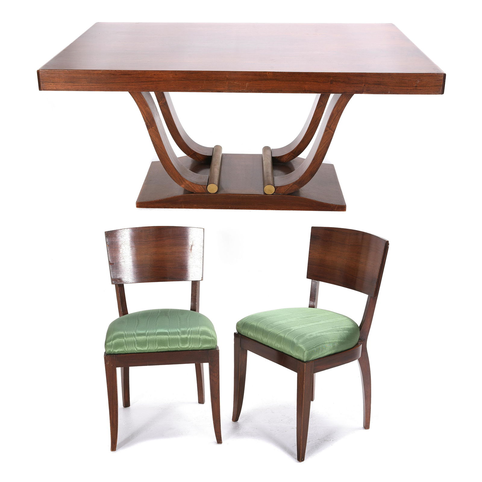 Gilbert Rhode Style Art Deco Mahogany Dining Suite.: Gilbert Rhode Style Art Deco Mahogany Dining Suite. Comprising a dining table with six side chairs. The chairs with green upholstered seats. {Approximate dimensions: Table 29 high x 63 1/4 wide x 39 1