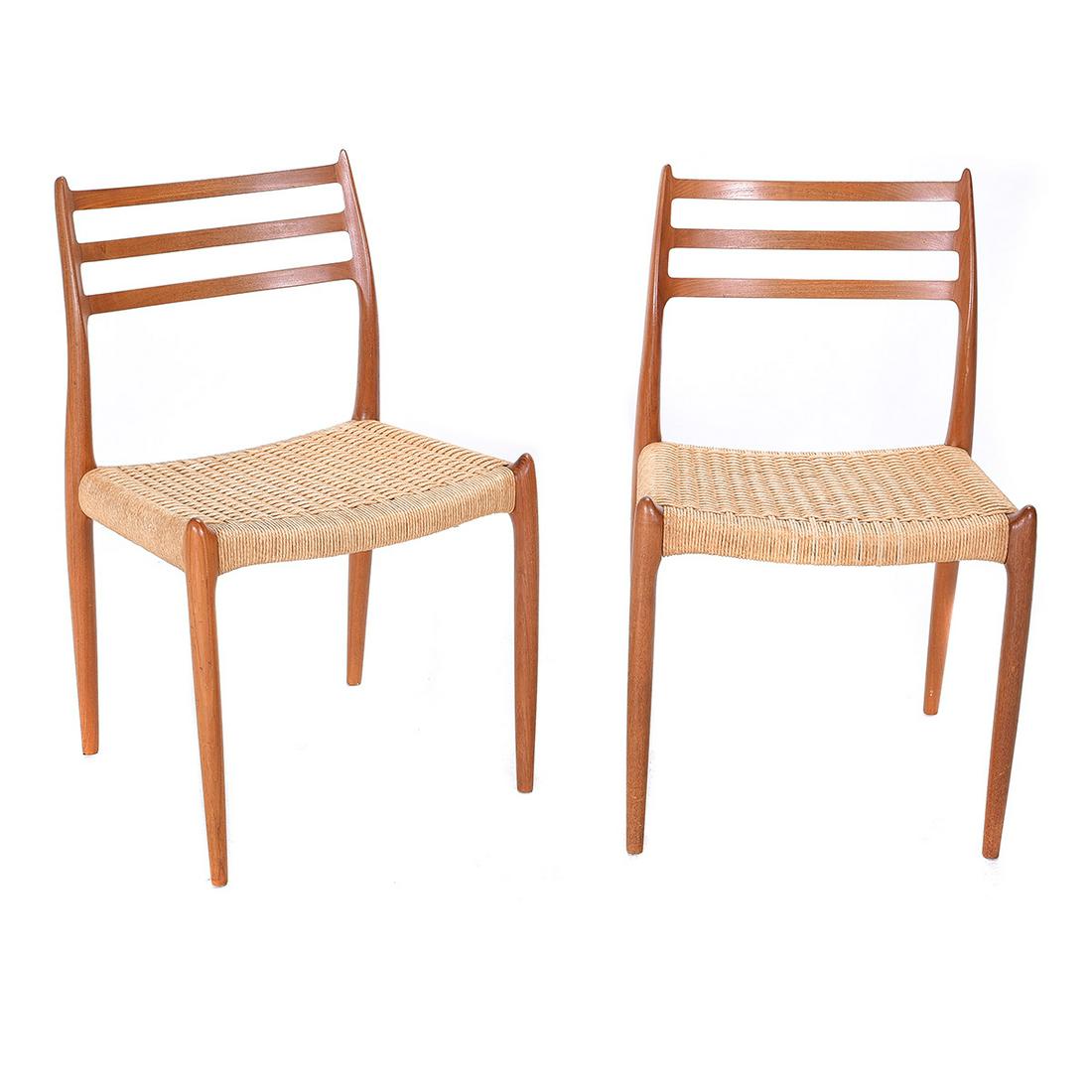 Four Moller Danish Teak Ladder Back Side Chairs with: Four Moller Danish Teak Ladder Back Side Chairs with Rush Seats. Round Moller mark on underside of chairs, as well as "Furniture Makers Danish Control" mark. Denmark. {Approximate dimensions: 32 x 19 