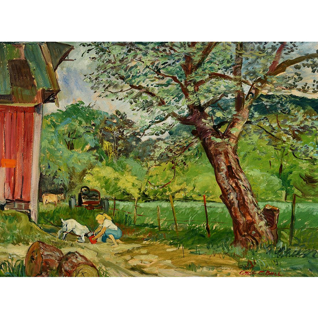 Cecil Crosley Bell "Alice Feeding her Goat" oil on: CECIL CROSLEY BELL (American 1906-1970) "Alice Feeding her Goat-VT" Oil on board. 22 1/8 x 30 inches; Frame: 30 x 38 inches. Signed lower right: Cecil C. Bell; titled and signed verso upper right corn