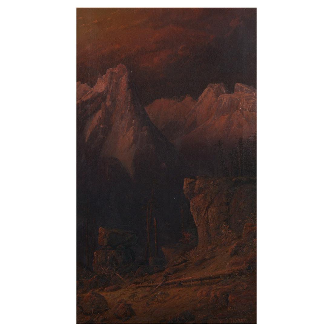 William Samuel Parrott "Sunset" oil on canvas: WILLIAM SAMUEL PARROTT (American 1843-1915) "Mountain Sunset" Oil on canvas. 23 1/2 x 13 1/2 inches; Frame: 27 x 17 inches. Signed lower right: W.S. Parrott. CONDITION: In overall good condition the c