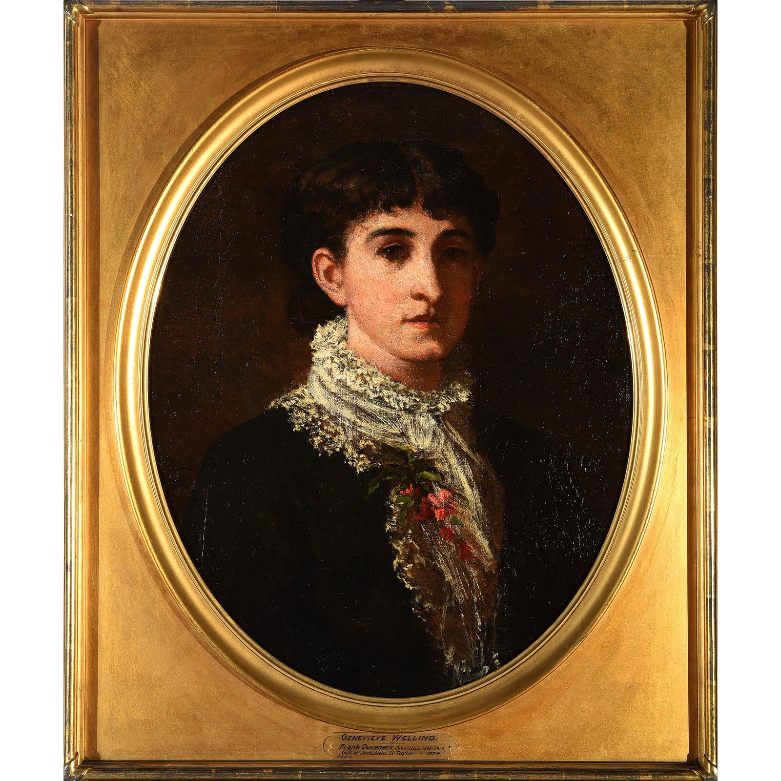 Frank Duveneck "Portrait of Genevieve Welling" oil on: FRANK DUVENECK (American 1848-1919) "Portrait of Genevieve Welling" Oil on canvas. 23 x 18 inches (oval): Frame: 29 3/8 x 24 3/4 inches. Unsigned. Provenance: Bequest of Archibald H. Taylor, deaccessi