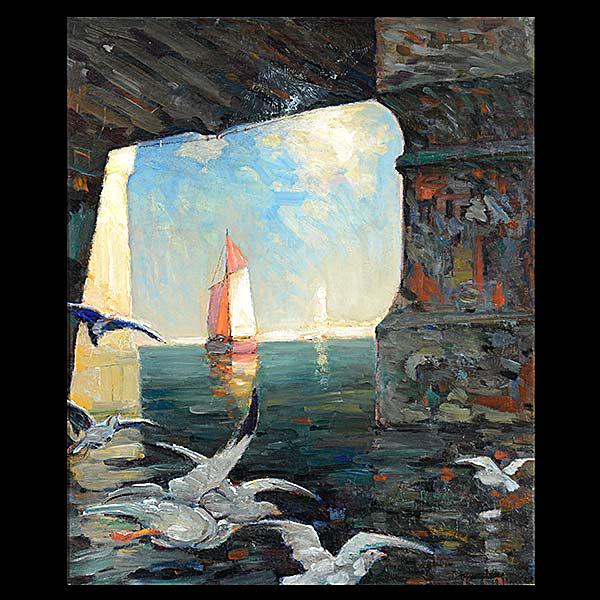 Frank Coburn "Under the Bridge; Sail Boat and Seagulls: FRANK COBURN (California 1862-1938) "Under the Bridge; Sail Boat and Seagulls, LA Harbor" Oil on board. 23 7/8 x 20 inches; Frame: 29 1/4 x 25 1/8 inches. Signed lower right: Frank Coburn. CONDITION: