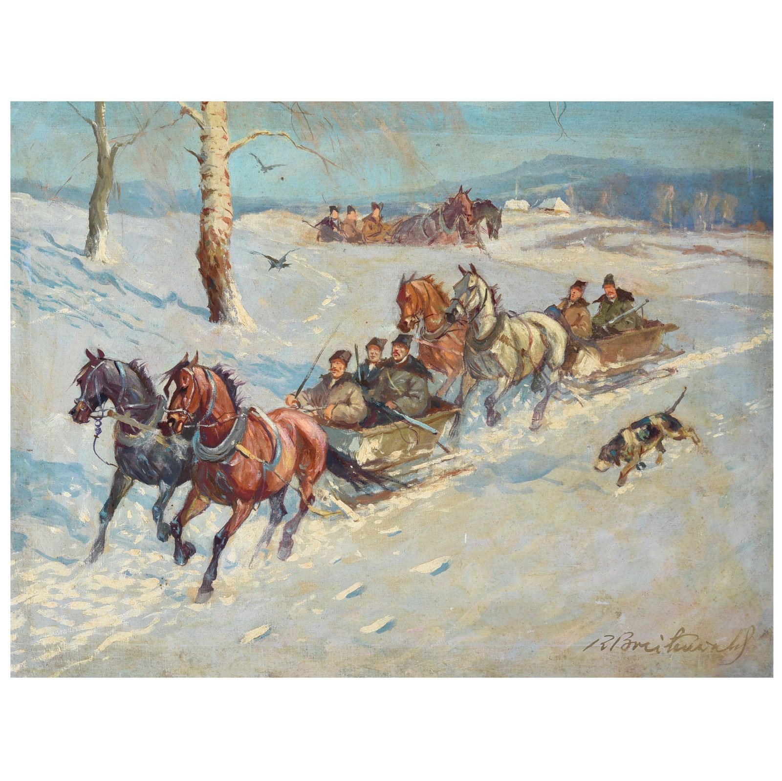 European School "Winter Sled Ride" oil on canvas: EUROPEAN SCHOOL (Late 19th / Early 20th century) "Winter Sled Ride" Oil on canvas. 23 5/8 x 31 1/2 inches; Frame: 27 7/8 x 35 1/8 inches. Illegibly signed lower right.