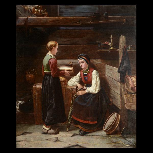 Augusta Akerlof "A Norwegian Interior" oil on canvas: AUGUSTA AKERLOF (Swiss 1829-1878) "A Norwegian Interior" Oil on canvas. 30 x 25 inches Signed lower left "Copie eftes Hansen...af Augusta Akerlof" Provenance: Hildt Galleries Chicago