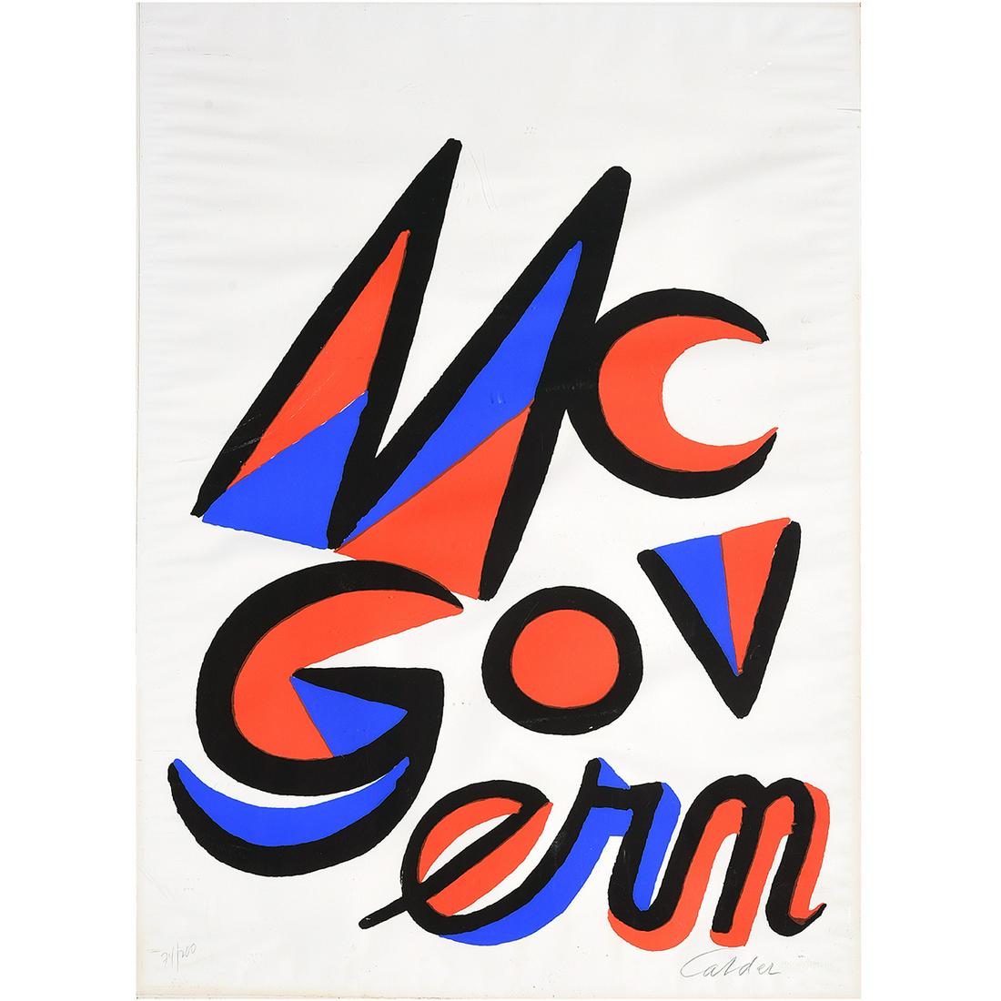 Alexander Calder "McGovern" lithograph: ALEXANDER CALDER (American 1898-1976) "McGovern" Lithograph, published by Styria Studion Ltd, New York. Sheet: 34 1/4 x 23 3/4 inches; Frame: 35 x 24 1/4 inches. Signed in pencil lower right: Calder, 