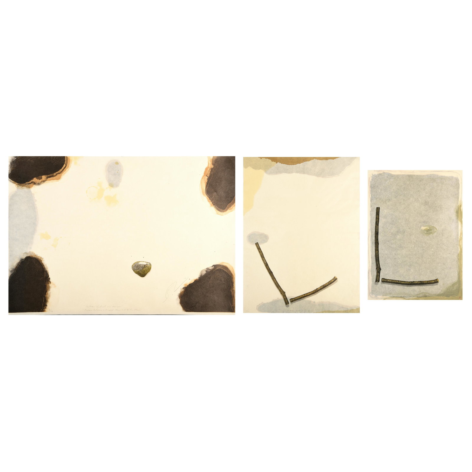 Shoichi Ida 3 "Between Vertical and Horizon:..." mixed: SHOICHI IDA (Japanese 1941-2006) "Between Vertical and Horizon: Paper Between a Snowed Stone and Water Stain" "Between Vertical and Horizon: Paper Between Two Twigs and Water" and "Between Vertical an