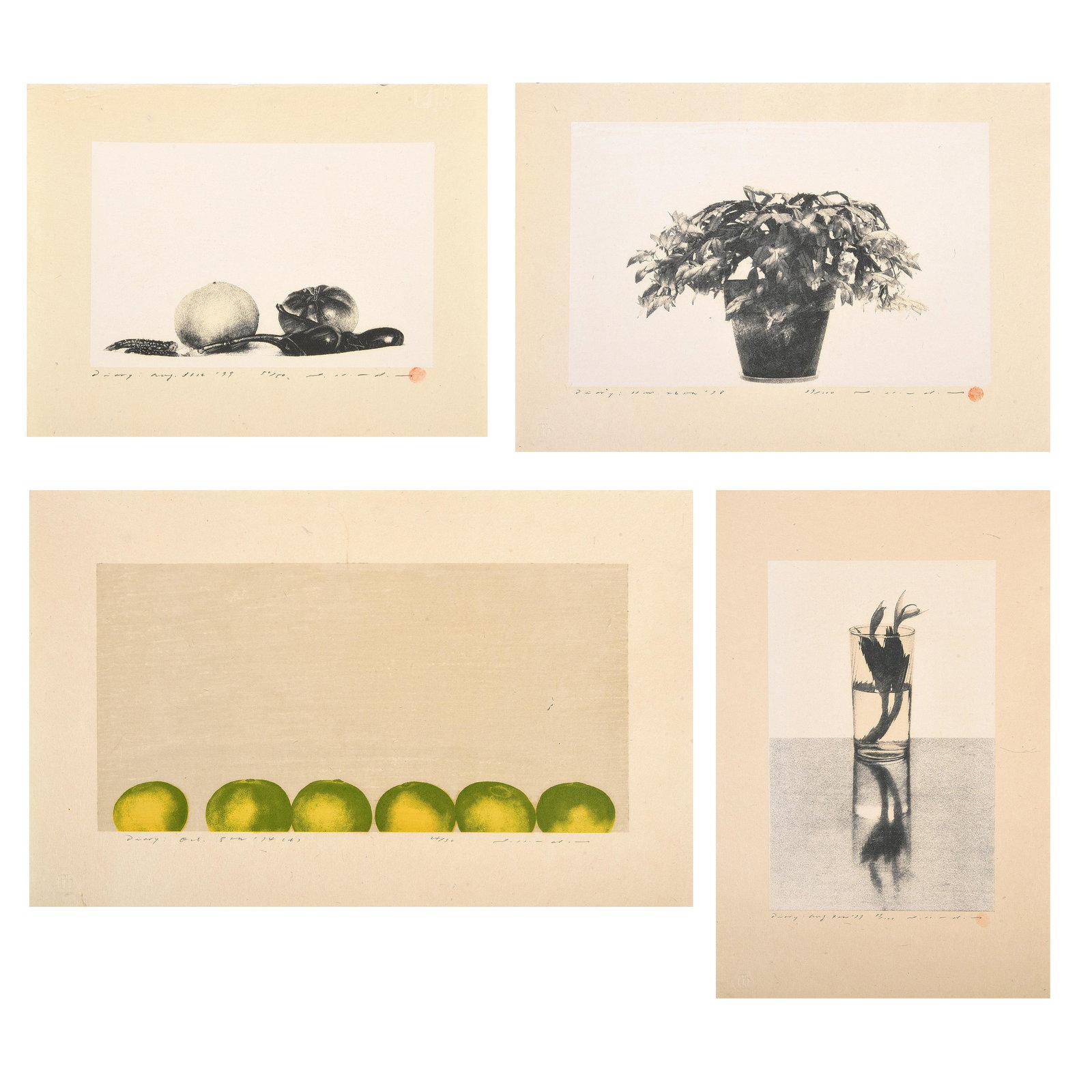 Tetsuya Noda 4 "Diary..." woodblock / silkscreen: TETSUYA NODA (Japanese b.1940) "Diary: October 8, 1994", "Diary: November 26, 1978", "Diary: August 4, 1977" and "Diary: August 31, 1999" Woodblock / silkscreen. 12 3/8 x 19 1/4 inches. 11 3/4 x 16 1/