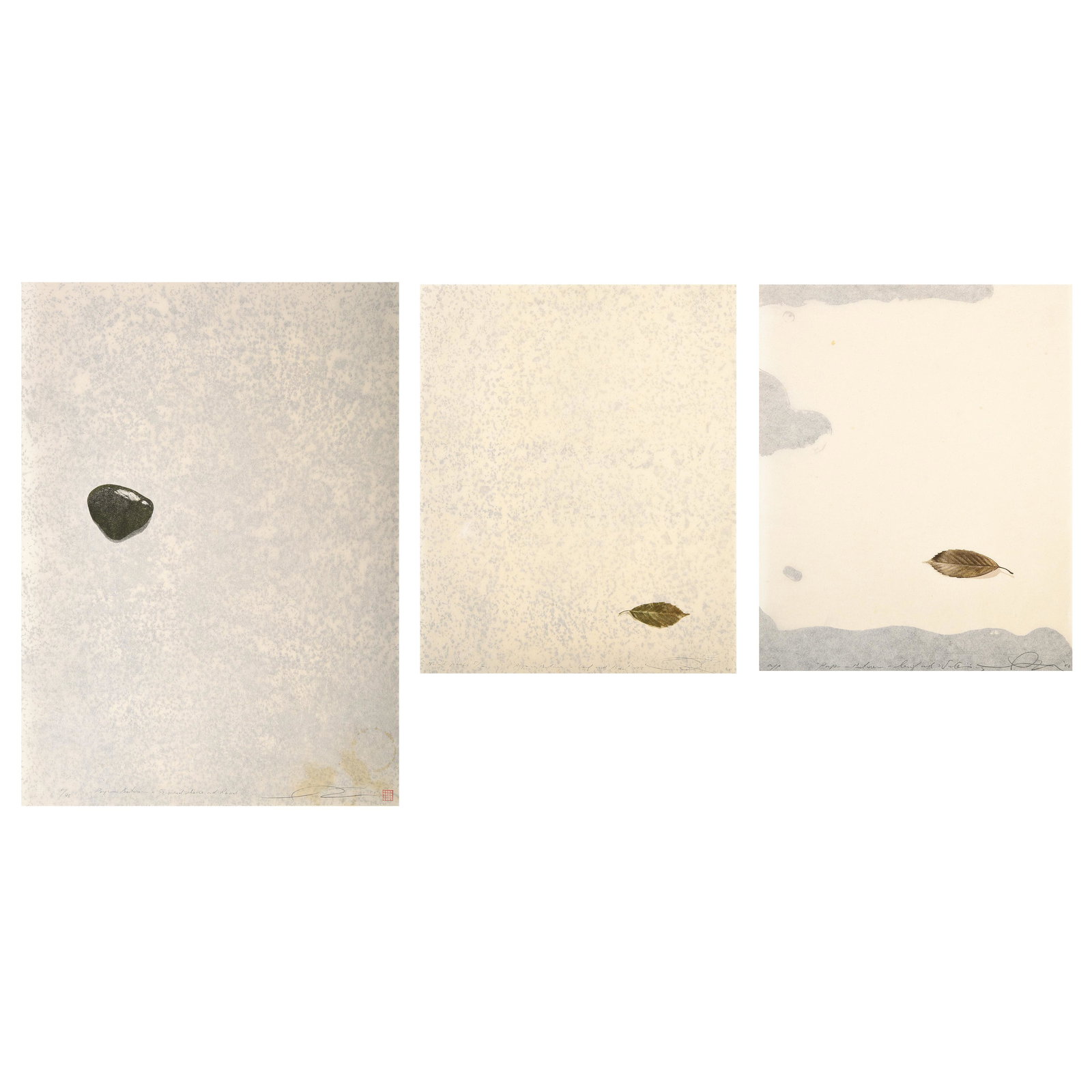 SHOICHI IDA "Paper Between" Silkscreen Litho: SHOICHI IDA (Japanese 1941-2006) "Paper Between a Snowed Stone and Road" "Paper Between Leaf and Road No. 6" and "Paper Between a Leaf and Water" Lithograph / silkscreen (both sides). 21 1/2 x 15 2/8