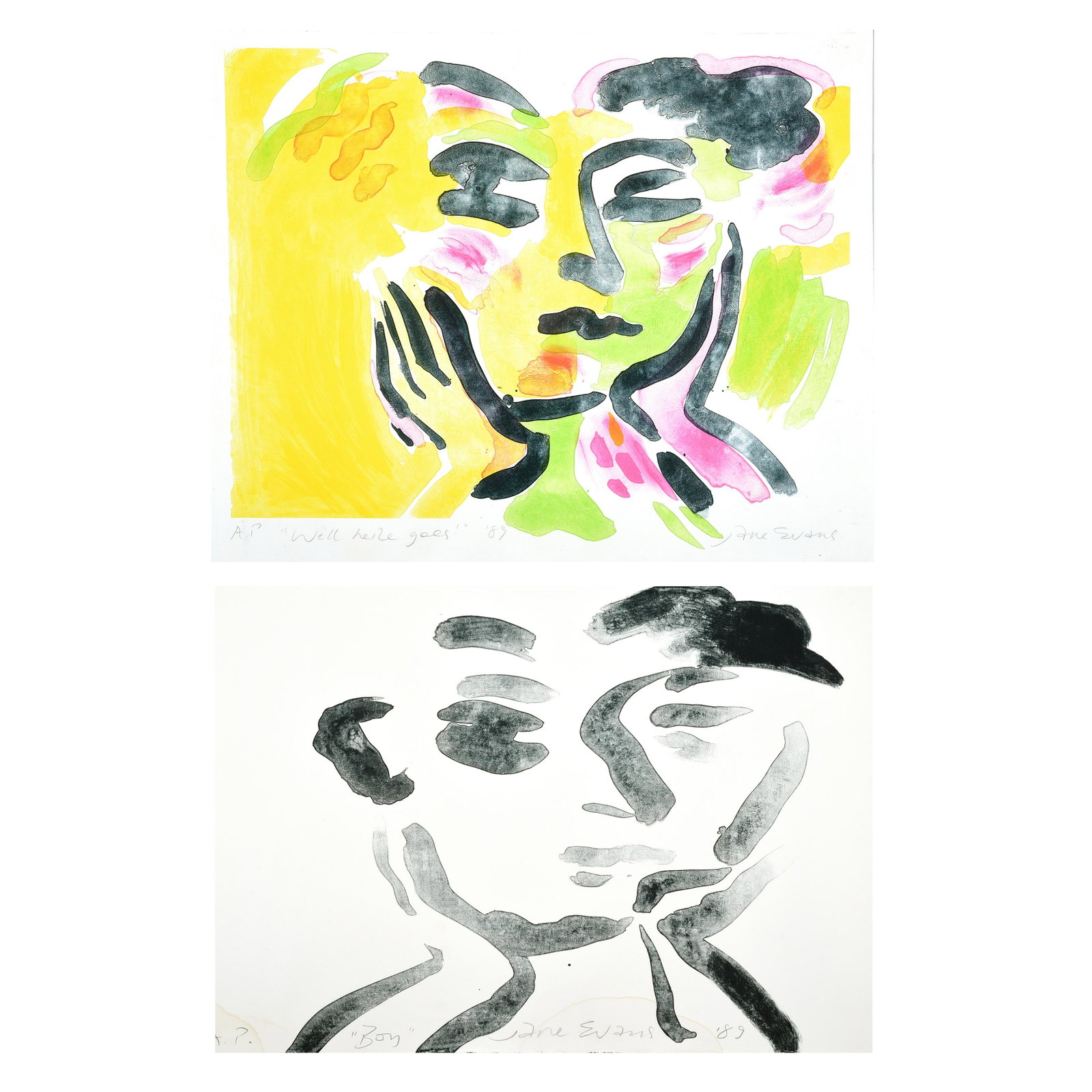 Two Jane Evans Lithographs: JANE EVANS (New Zealand 1946-2012) "Well Here Goes" and "Boy" Lithograph. Sheet: 18 3/8 x 22 5/8 inches; Frame: 21 3/8 x 24 7/8 inches. Sheet: 12 5/8 x 16 5/8 inches. Signed in pencil lower right: Jan