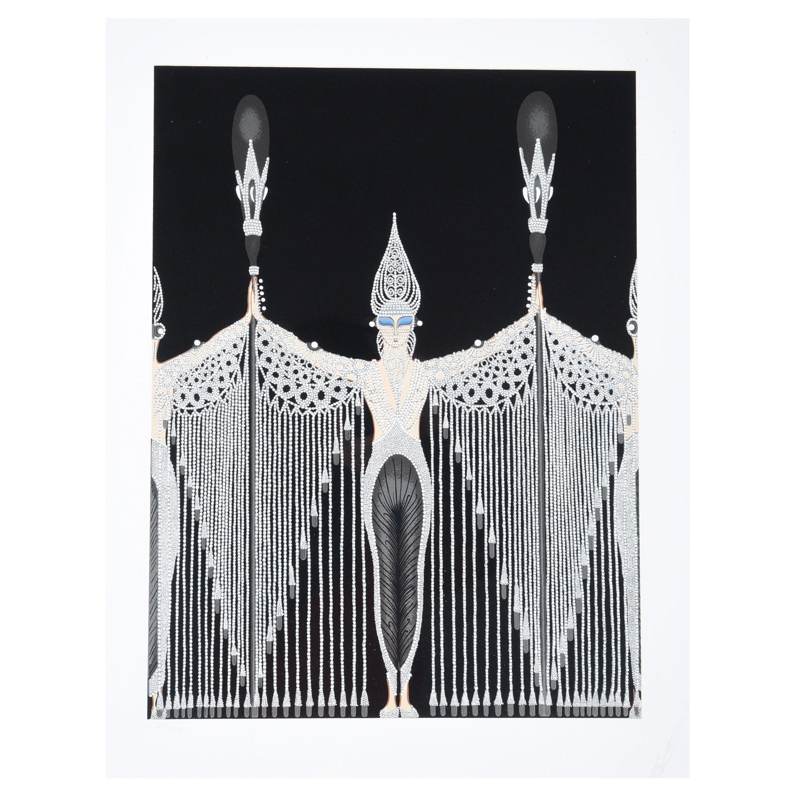 Erte "Les Bijoux de Perle" serigraph: ROMAIN (Erte) DE TIRTOFF (French 1892-1990) "Les Bijoux de Perle" Serigraph. Sight: 25 3/4 x 19 5/8 inches; Frame: 39 1/8 x 33 1/8 inches. Signed lower right: Erte; numbered lower left: 194/300. Certi