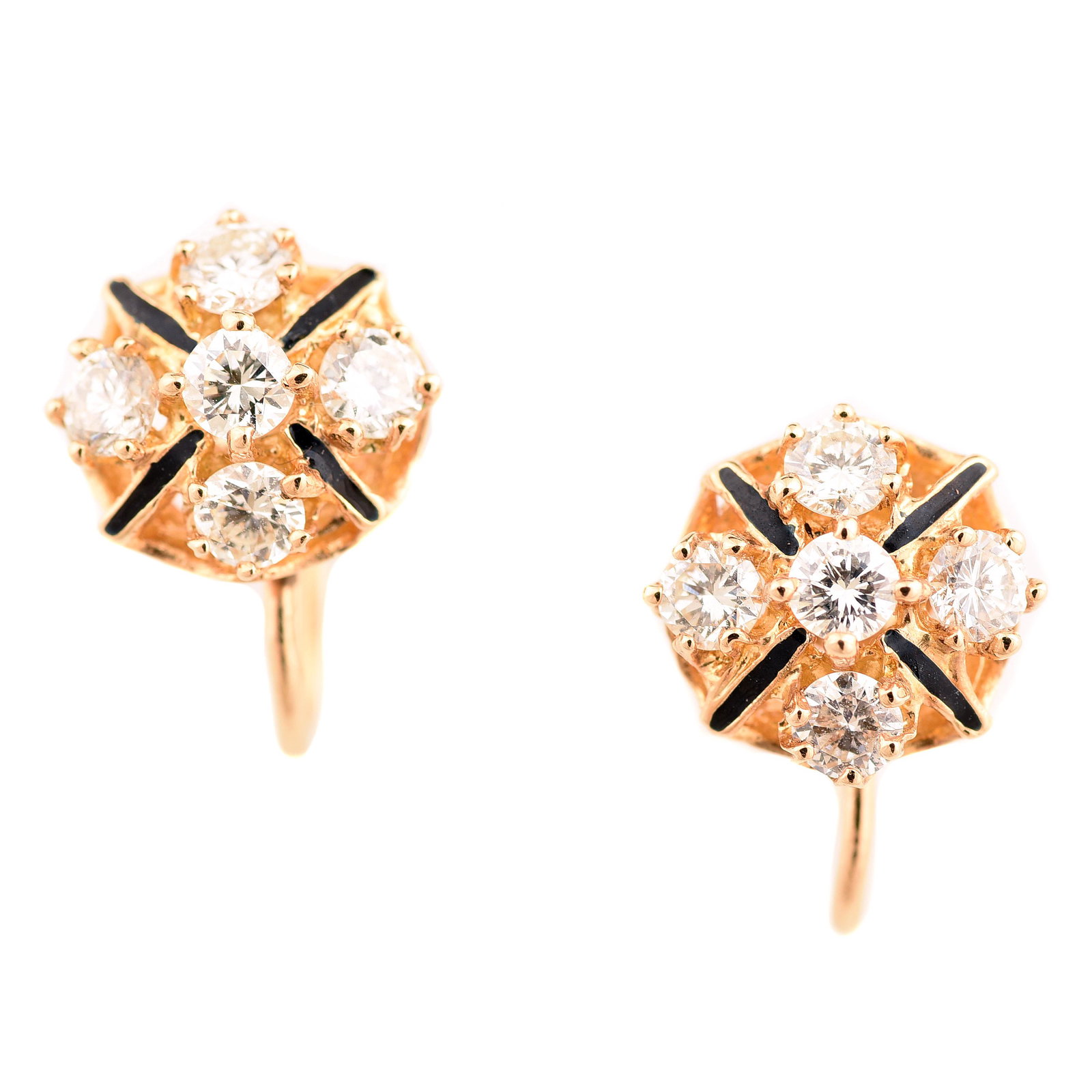 Pair of Diamond, Enamel, 14k Yellow Gold Earrings.: Pair of Diamond, Enamel, 14k Yellow Gold Earrings. Each featuring five full-cut diamonds weighing a total of approximately 0.50 cttw., accented by black enamel, set in a 14k yellow gold non-pierced sc