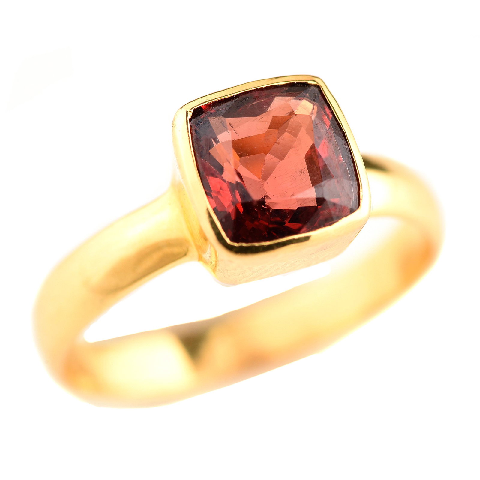 Spinel, 18k Yellow Gold Ring.: Spinel, 18k Yellow Gold Ring. Featuring one cushion-cut spinel weighing approximately 2.80 cts., bezel set in an 18k yellow gold mounting. {Size: 7, Gross Weight: 1.8 dwts}