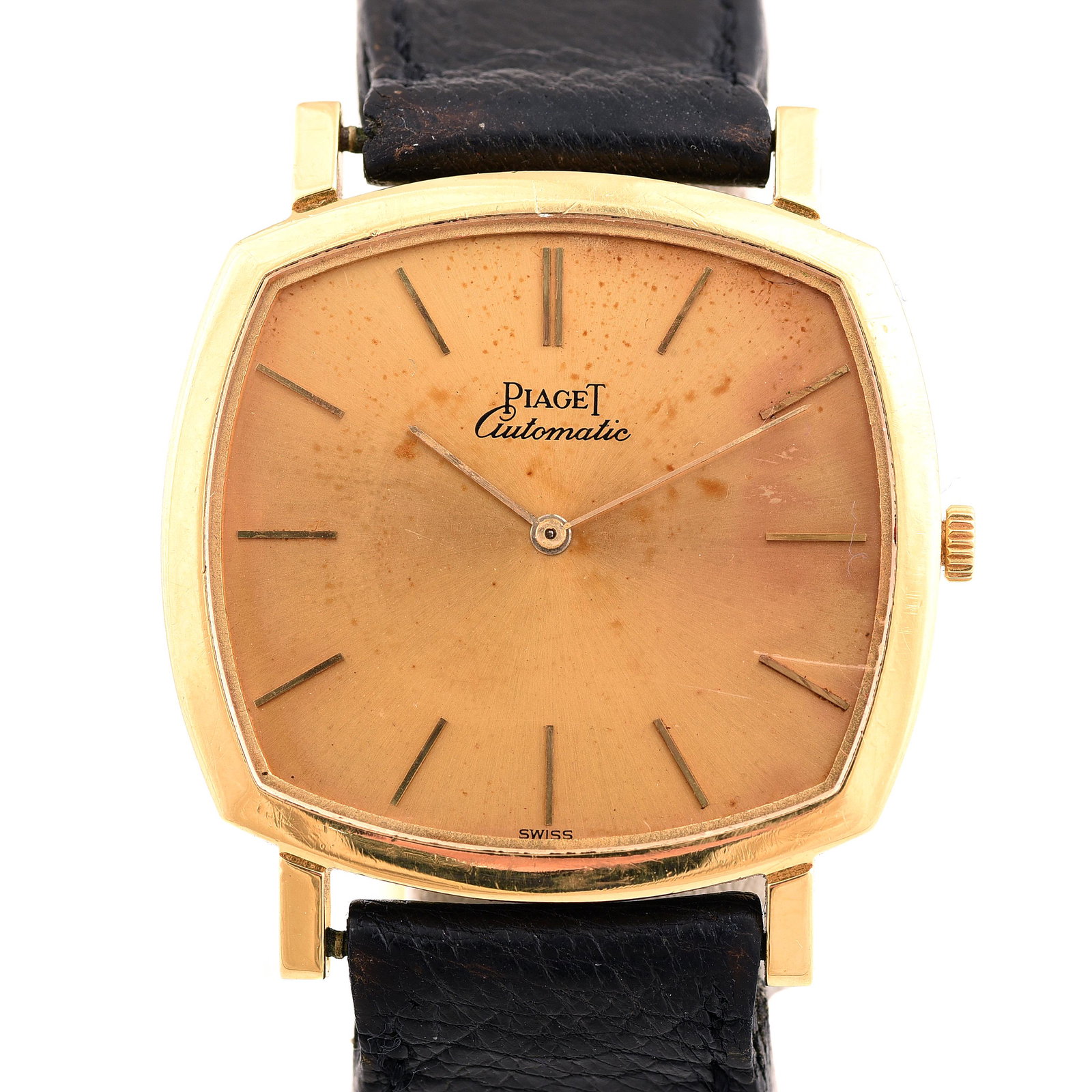 Men's Piaget 18k Yellow Gold, Leather Wristwatch.: Men's Piaget 18k Yellow Gold, Leather Wristwatch. DIAL: Cushion, gold, gold index hour markers, gold baton hands, Piaget, Automatic, Swiss. MOVEMENT: Automatic (not opened). CASE: Cushion, 18k yellow 