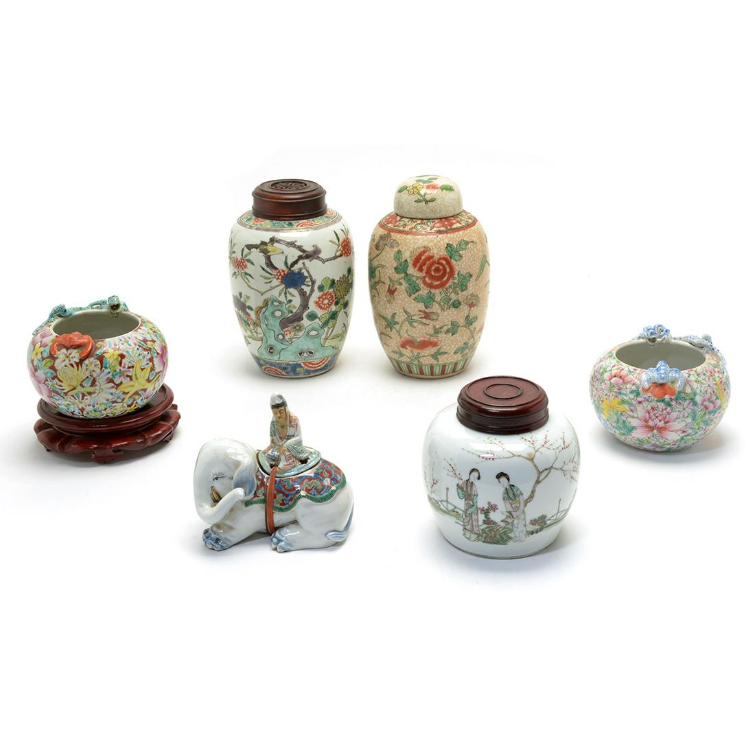 Six Chinese Enamel Porcelains: Six Chinese Enamel Porcelains. Including small ginger jars, vases, and water coupe. {Tallest: 8 1/4 inches (21 cm)}.