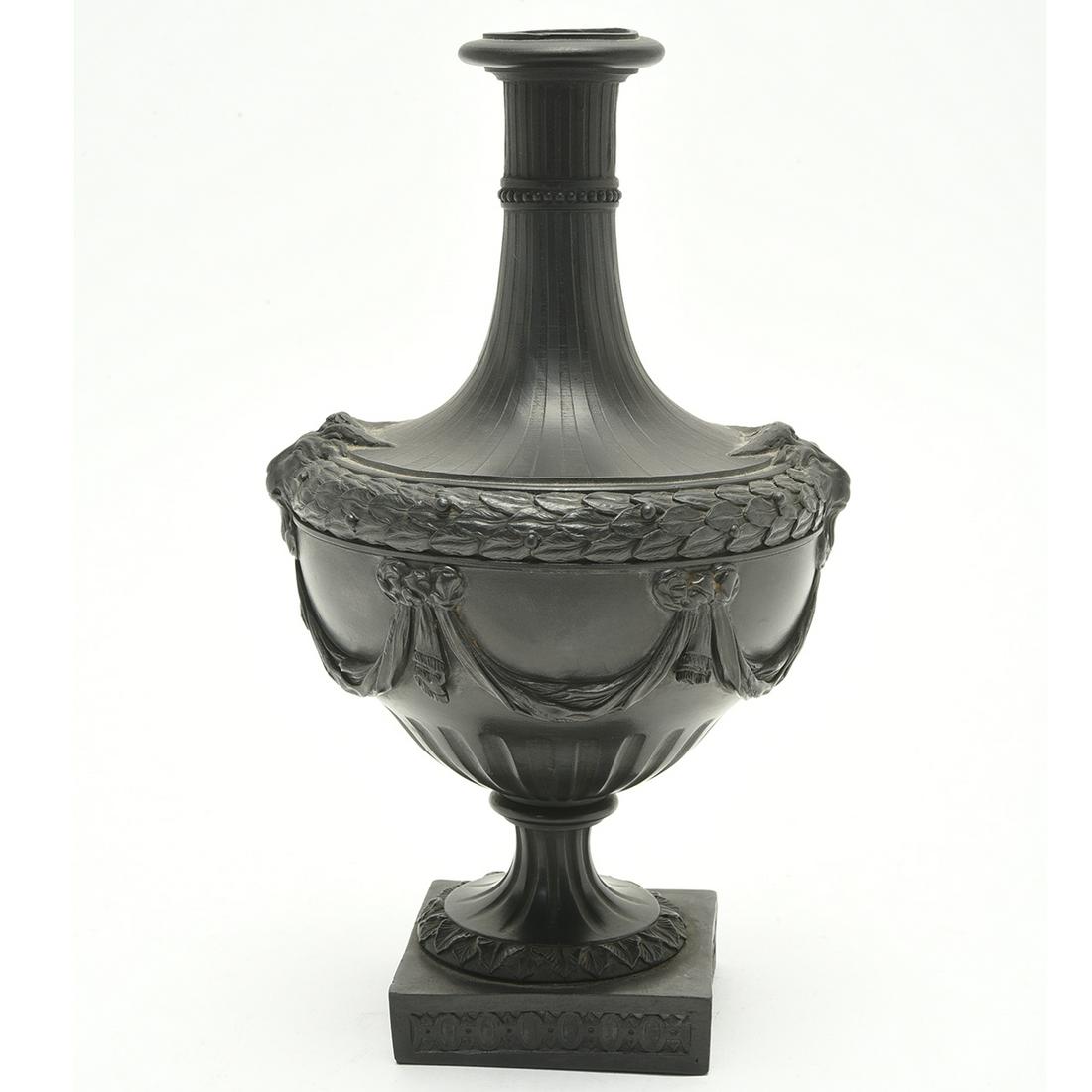18th Century Wedgwood & Bentley Pottery Black Basalt: 18th Century Wedgwood & Bentley Pottery Black Basalt Vase. ImpressedWedgwood & Bentley to the underside. 1769-1780. {Approximate dimensions: 8 1/8 high x 4 3/8 inches diameter.}. Condition: A few crac