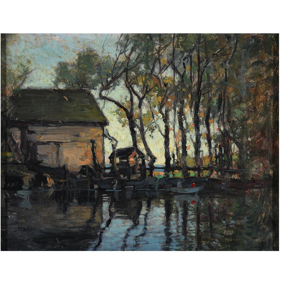 Paul Cornoyer "House on the Lake" oil on board: PAUL CORNOYER (American 1864-1923) "House on the Lake" Oil on board. 8 x 10 inches; Frame: 12 1/8 x 14 1/4 inches. Signed lower right: Paul Cornoyer.