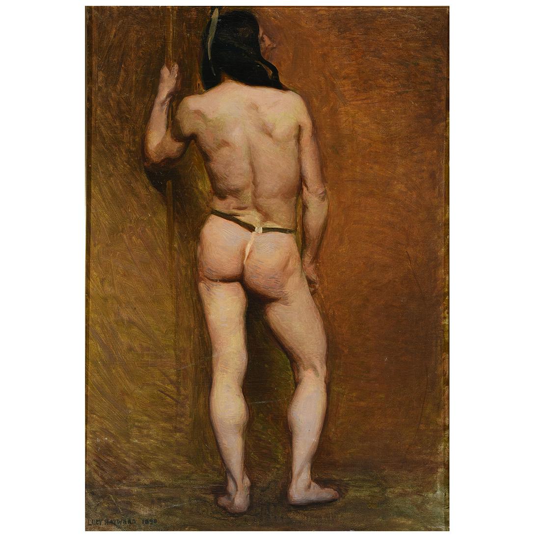 Lucy Hayward Barker "Indian Nude" oil on canvas: LUCY HAYWARD BARKER (American 1872-1948) "Indian Nude, 1898" Oil on canvas. Including frame: 36 1/2 x 25 3/8 inches. Signed and dated lower left: Lucy Hayward 1898. Provenance: Gifted to the Fine Arts