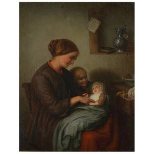 Meyer von Bremen "Mother with Children" oil on canvas: JOHANN GEORG MEYER VON BREMEN (German 1813-1886) "Mother and Children" Oil on canvas. 8 1/4 x 6 3/8 inches; Frame: 19 x 17 3/8 inches. Signed and dated lower left: Meyer von Bremen 1983. CONDITION: In