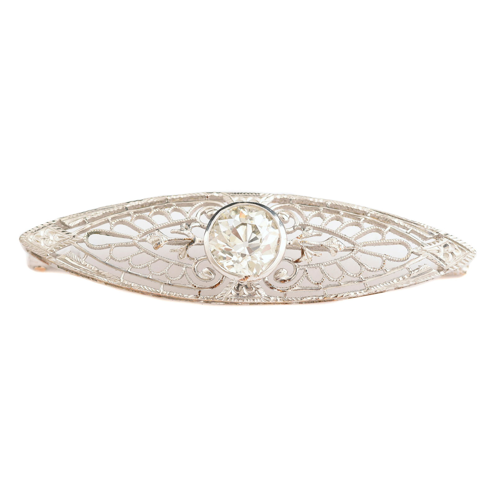 Diamond, 14k White Gold Filigree Brooch. (1 of 2)