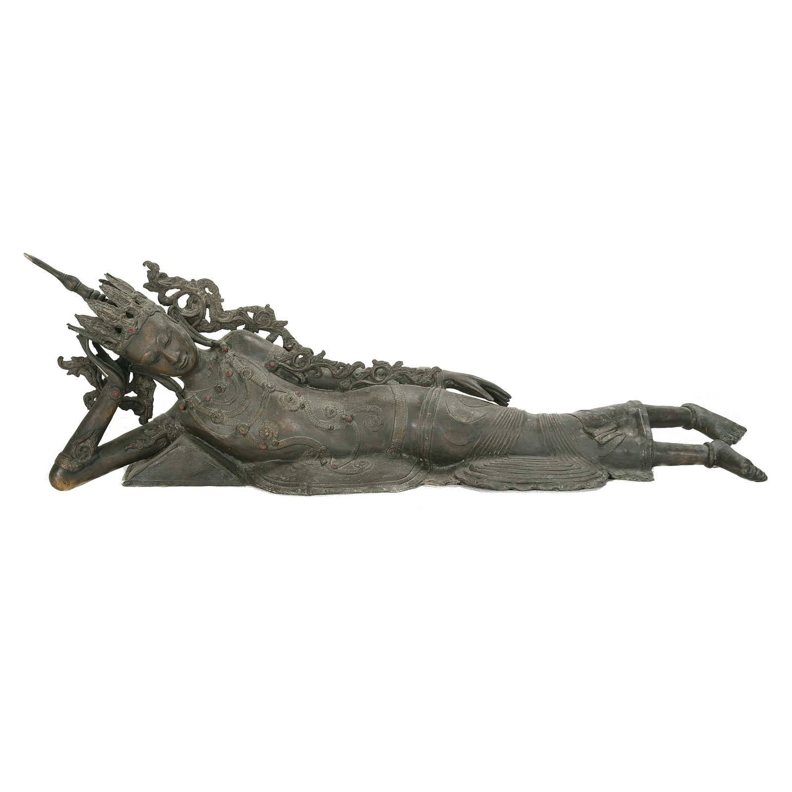 Large Thai Bronze Reclining Goddess Figure with Crown (1 of 2)