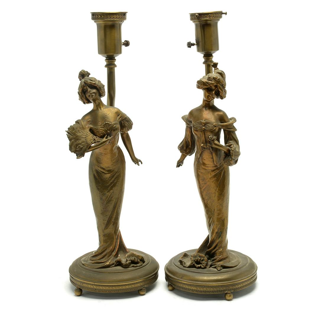 Art Nouveau Bronze Figural Table Lamp Pair After Lucien (1 of 2)