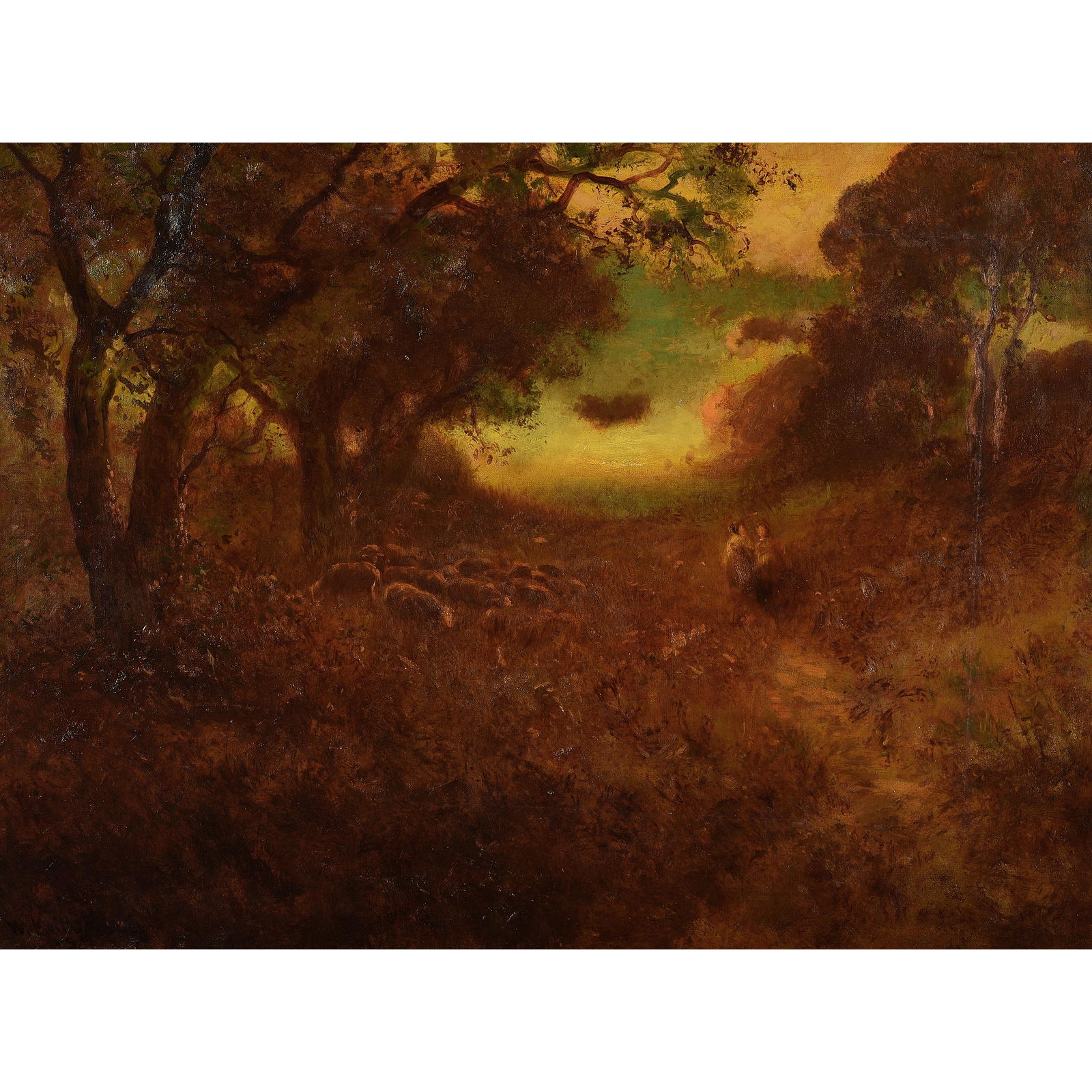 William Keith "Figures on Path" oil on canvas: WILLIAM KEITH (American 1838-1911) "Figures Walking on Path with Sheep" Oil on canvas. 30 x 40 inches; Frame: 56 x 47 inches. Signed lower left: W. Keith S.F. Annotated verso: Property of H H Hart. Pr