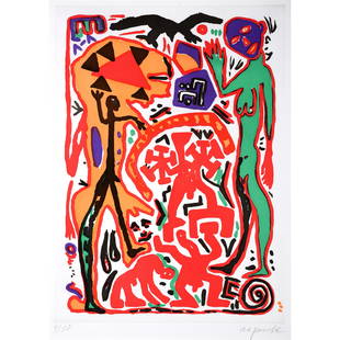 A.R. Penck "From Childish to Pubescent" color aquatint: A.R. PENCK (German 1939-2017) "Aus der kindlichen in die pubertâ€°re phase" (From the childish to the pubescent phase) Aquatint printed in colors on wove paper. Sight: 33 x 23 1/2 inches; Frame: 4