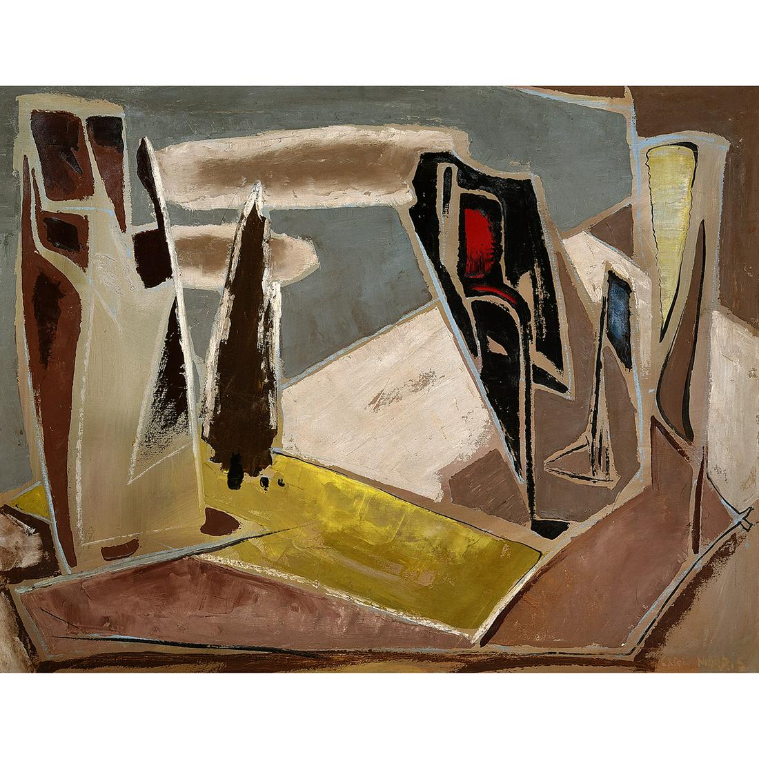 Carl Morris "Forms in Landscape" oil on canvas: CARL MORRIS (American 1911-1993) "Forms in Landscape" Oil on canvas. 31 x 40 inches; Frame: 36 1/2 x 45 1/2 inches. Signed lower right: Carl Morris. Label verso upper left corner from The Art Institut