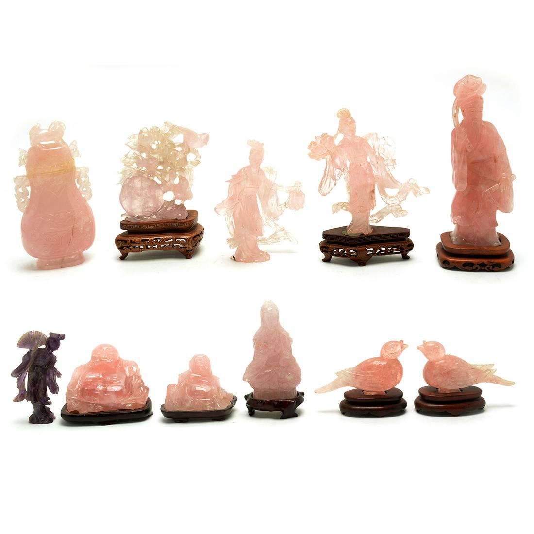 Group of Eleven Chinese Rose Quartz Carvings (1 of 3)