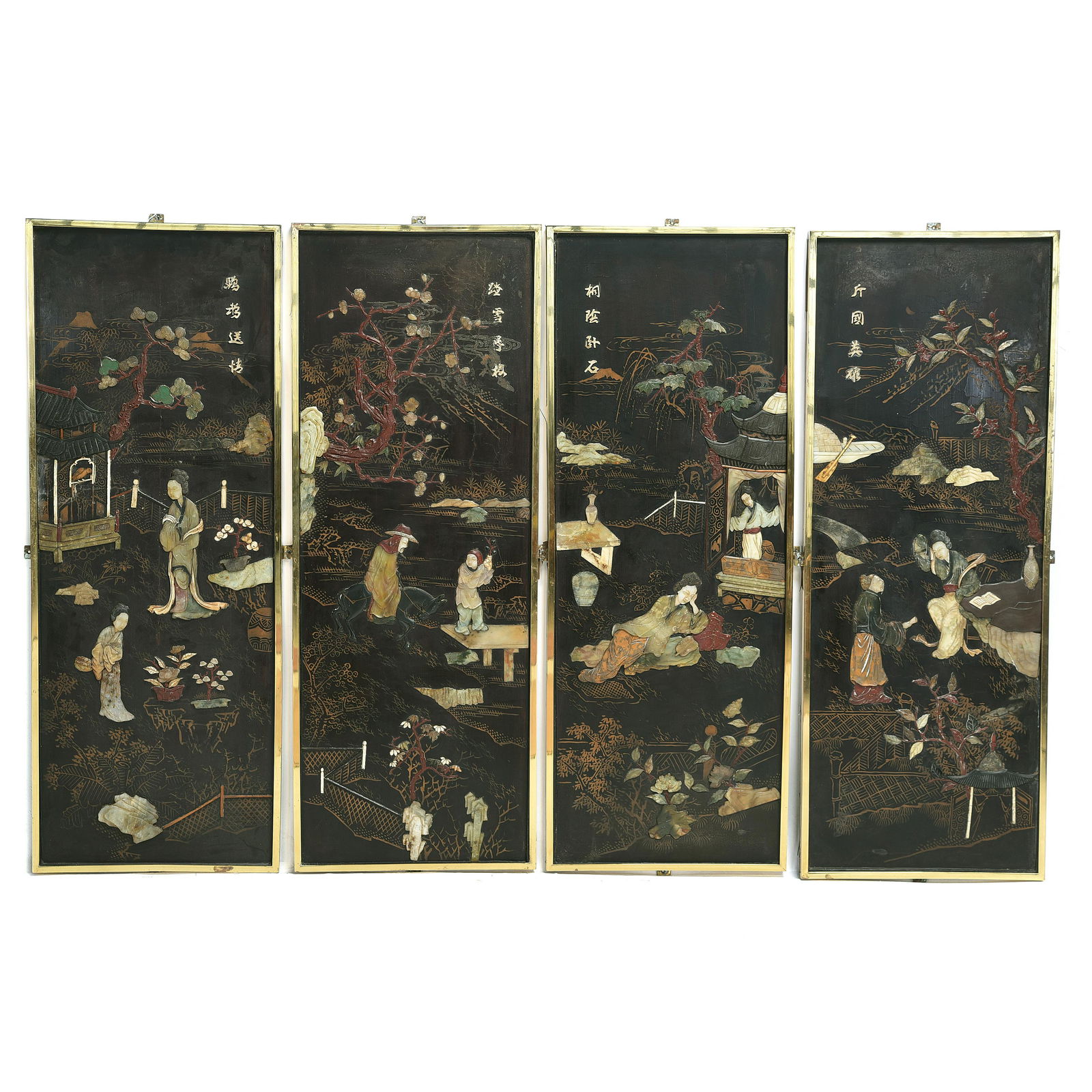 Set of Four Chinese Brass Hardstone Overlaid Wall (1 of 8)