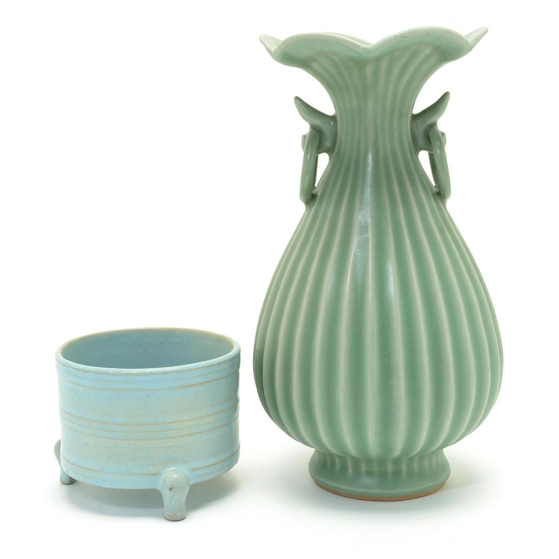 Chinese Celadon Glazed Vase and Tripod Censer (1 of 2)