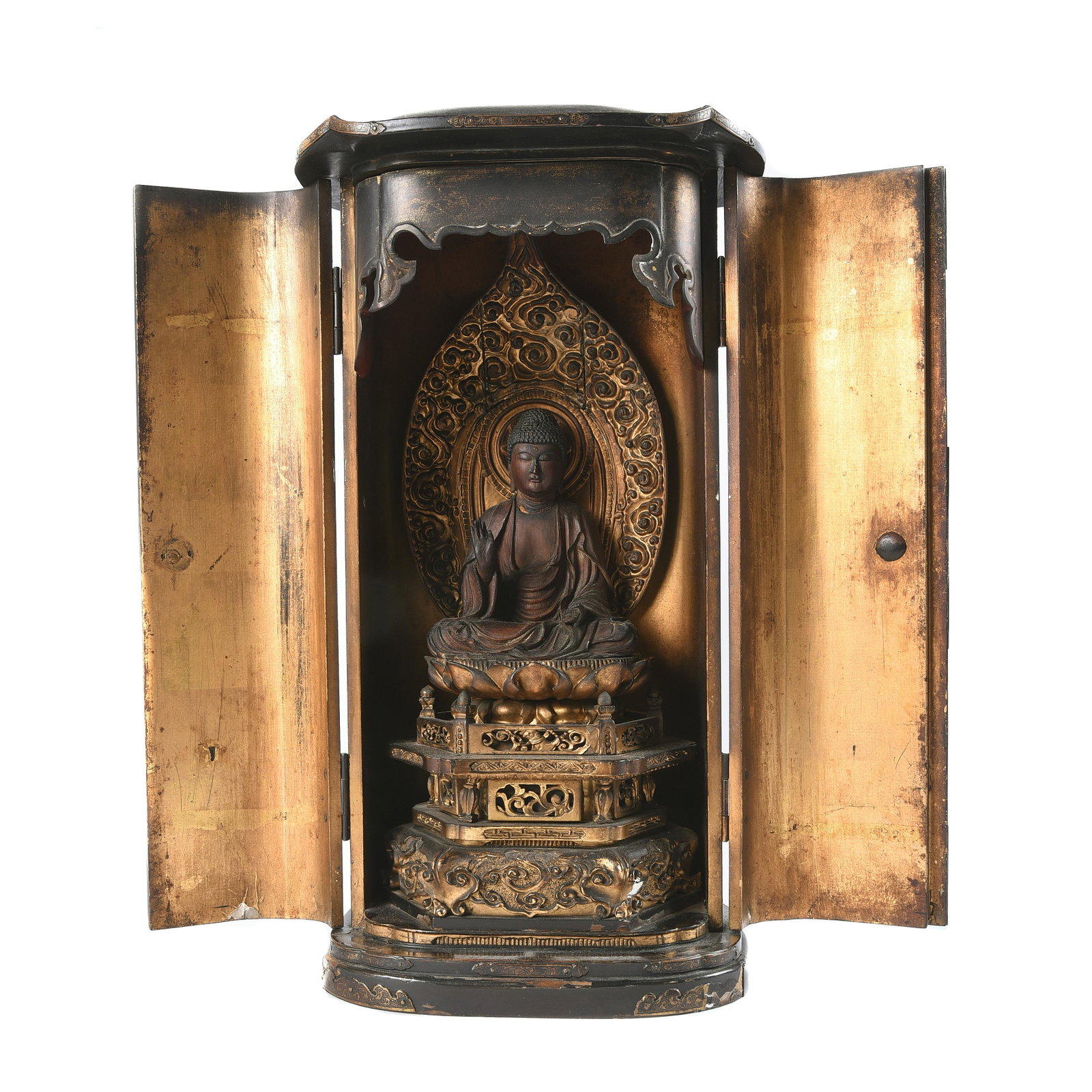 Japanese Wood Lacquer Traveling Shrine: Japanese Wood Lacquer Traveling Shrine, Zushi. Late Edo / Meiji Period. {Height: 17 inches (43.2 cm)}.