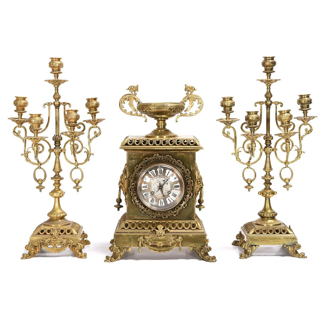 French Beaux Arts Three Piece Bronze Mantel Clock (1 of 2)