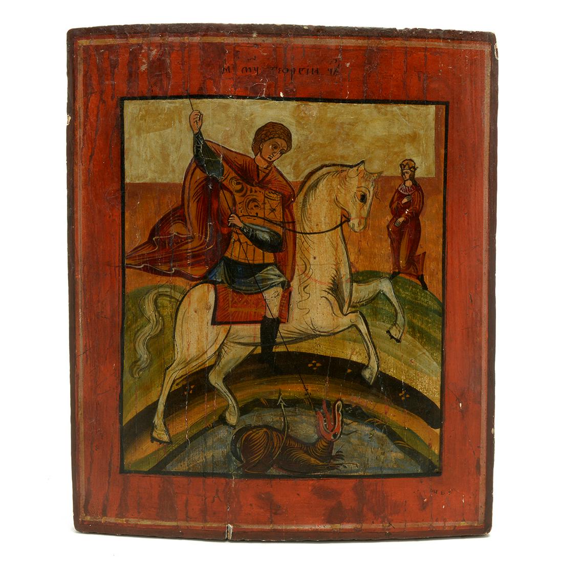 19th Century Saint George Greek Orthodox Wood Icon. (1 of 2)