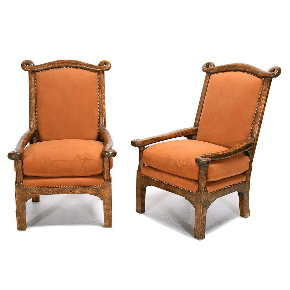 Pair of Victorian Style Oak and Suede Upholstered (1 of 2)