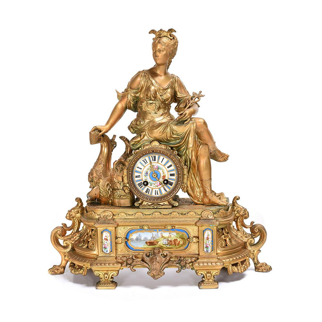 French Napoleon III Brass and Porcelain Figural Mantle (1 of 2)