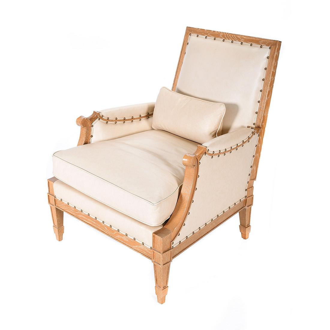 Mattaliano Louis XVI Style Leather Upholstered Bergere.: Mattaliano Louis XVI Style Leather Upholstered Bergere. White leather upholstered riveted body set on square taper legs. Mattaliano sewn in under cushion. {Approximate dimensions: 38 1/2 x 30 x 29 inc