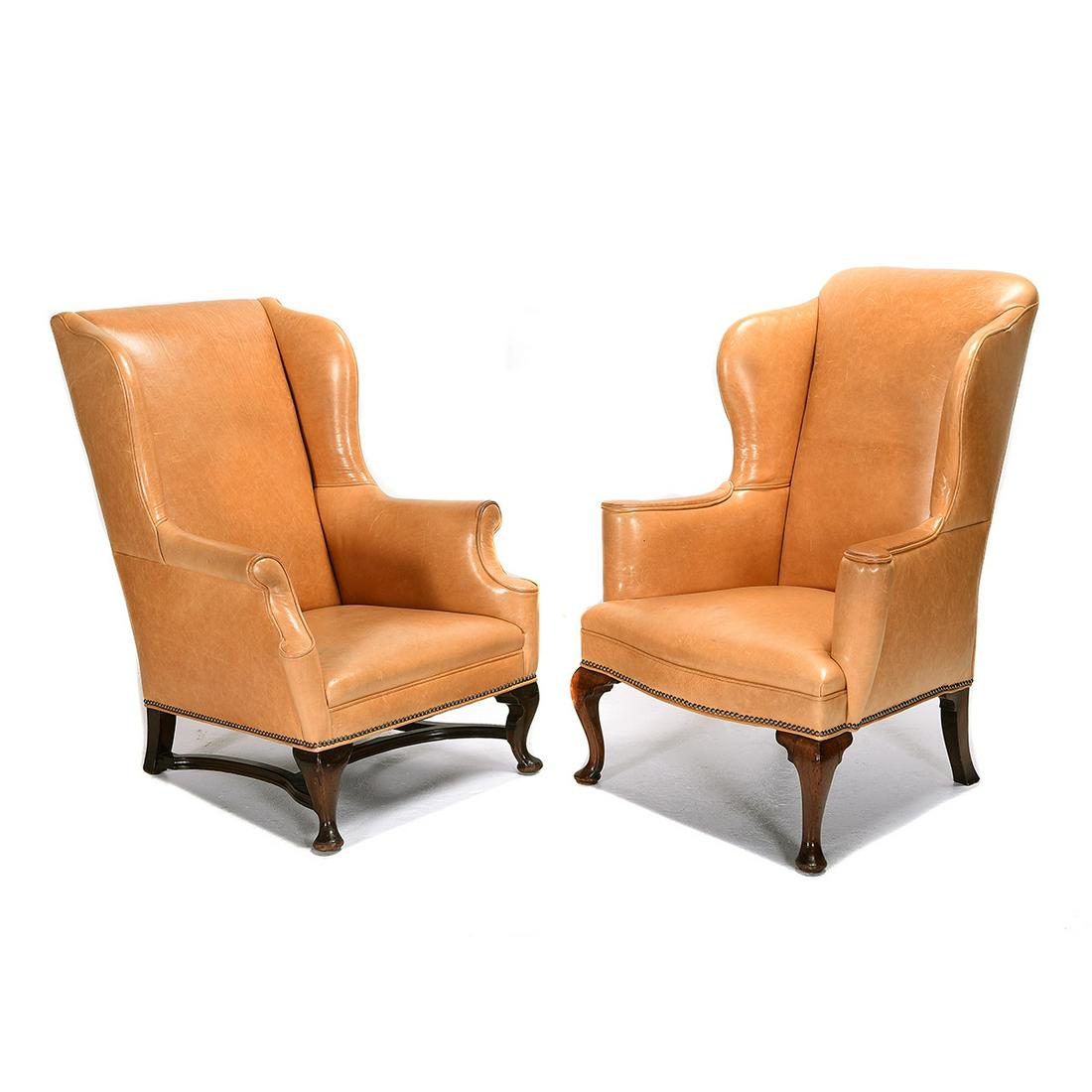 Pair of Queen Anne Style Leather Upholstered Wingback (1 of 2)
