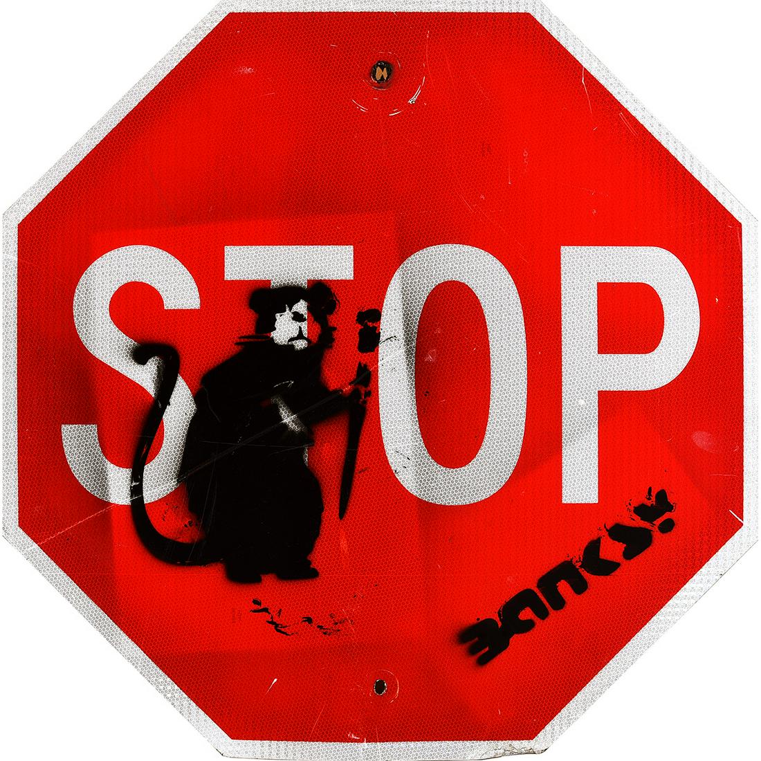 Attrib. to Banksy "Stop Sign, Rat" Graffiti Art (1 of 3)