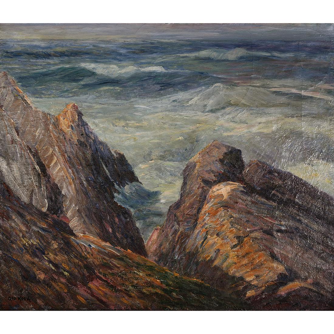 George Koch "Crashing Waves" oil on canvas: GEORGE JOSEPH KOCH (American 1884-1951) "Crashing Waves" Oil on canvas laid on board. 30 1/8 x 35 1/8 inches; Frame: 33 1/2 x 38 1/4 inches. Signed lower left: Geo. Koch. Label verso from Babcock Gall