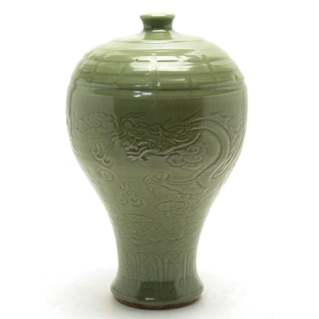 Large Chinese Longquan Celadon Dragon Vase (1 of 2)