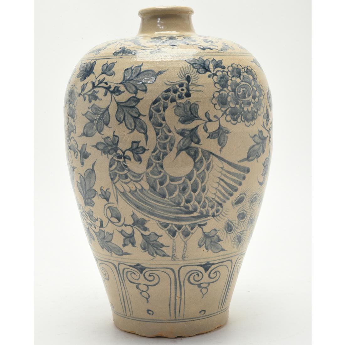 Vietnamese Blue and White Meiping Vase: Vietnamese Blue and White Meiping Vase. The baluster body with broad shoulder and short neck, painted around the body with pair peacocks amidst leafy floral scrolls, all between a floral band around t