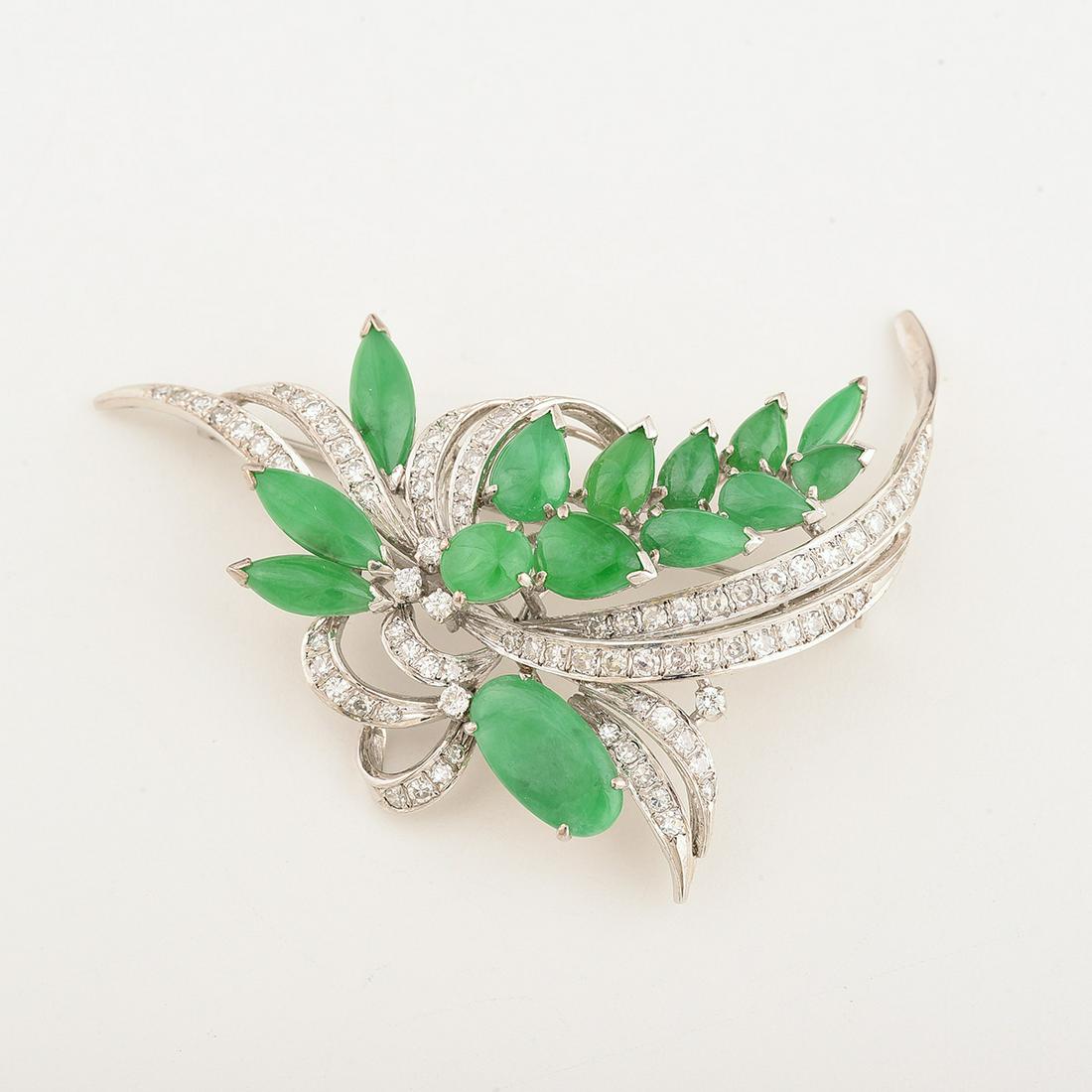 Jade, Diamond, 18k White Gold Brooch. (1 of 1)