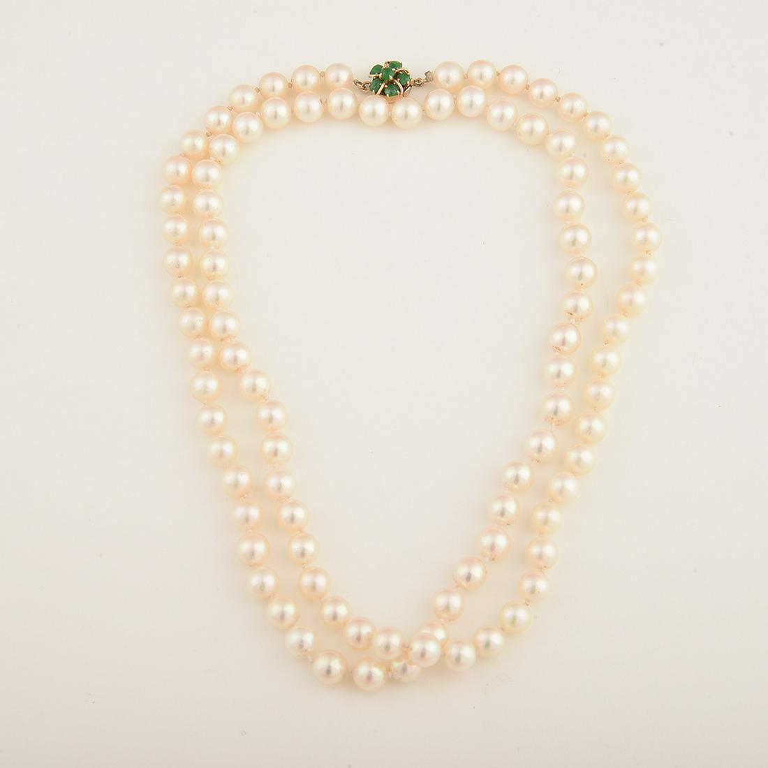 Cultured Pearl, Jade, 14k Yellow Gold Necklace.: Cultured Pearl, Jade, 14k Yellow Gold Necklace. Composed of ninety-four round cultured pearls measuring approximately 6 mm, completed by a jadeite jade cabochon, 14k yellow gold clasp with figure eigh