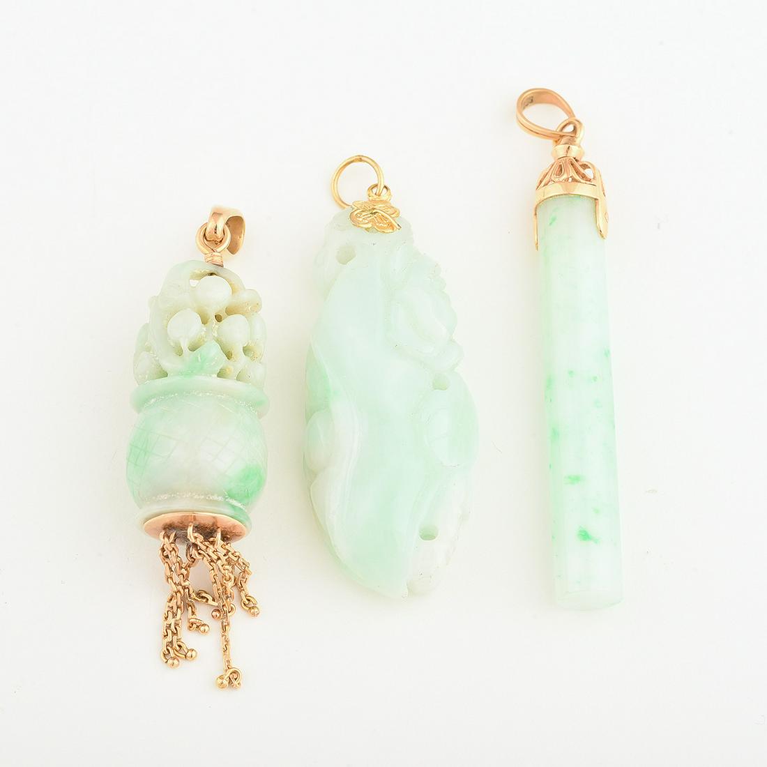 Collection of Three Jade, 18k Yellow Gold Pendants. (1 of 1)