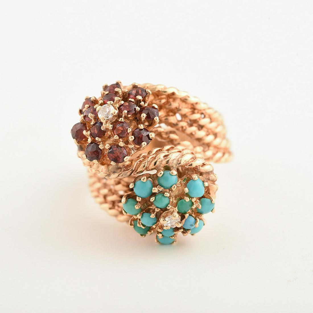 Diamond, Turquoise, Garnet, 14k Yellow Gold Ring. (1 of 1)