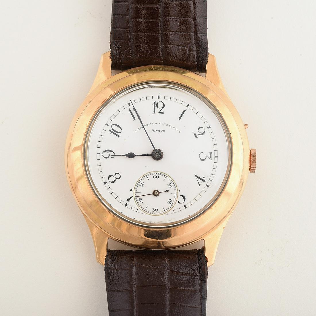 Vacheron & Constantin 18k Yellow Gold, Leather: Vacheron & Constantin 18k Yellow Gold, Leather Wristwatch. DIAL: Round, white, black Arabic numeral hour markers, black outer minutes track, sunken subsidiary seconds dial at 6 o'clock, black spade ha