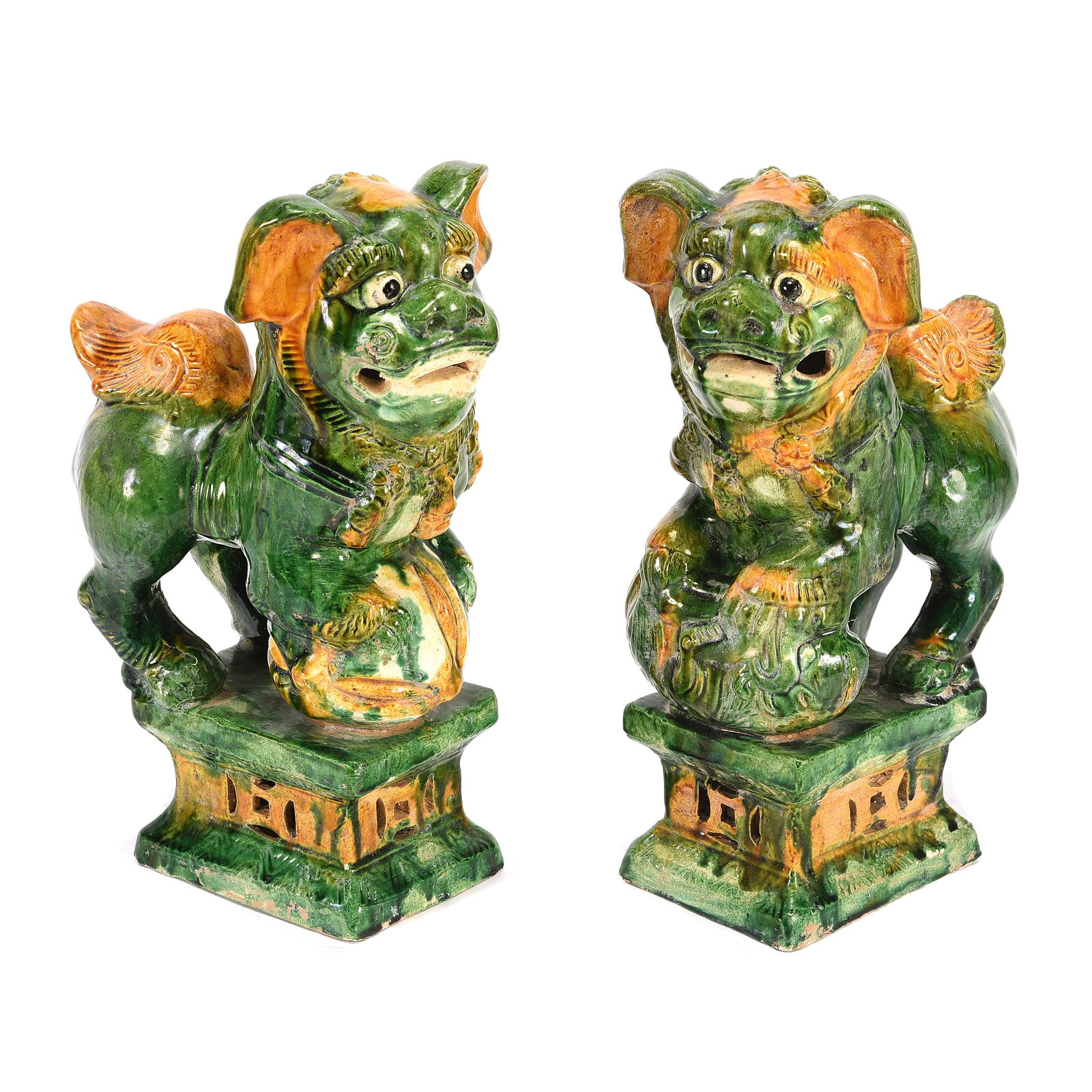 Pair of Chinese Ming Style Green Glazed Pottery Foo (1 of 2)
