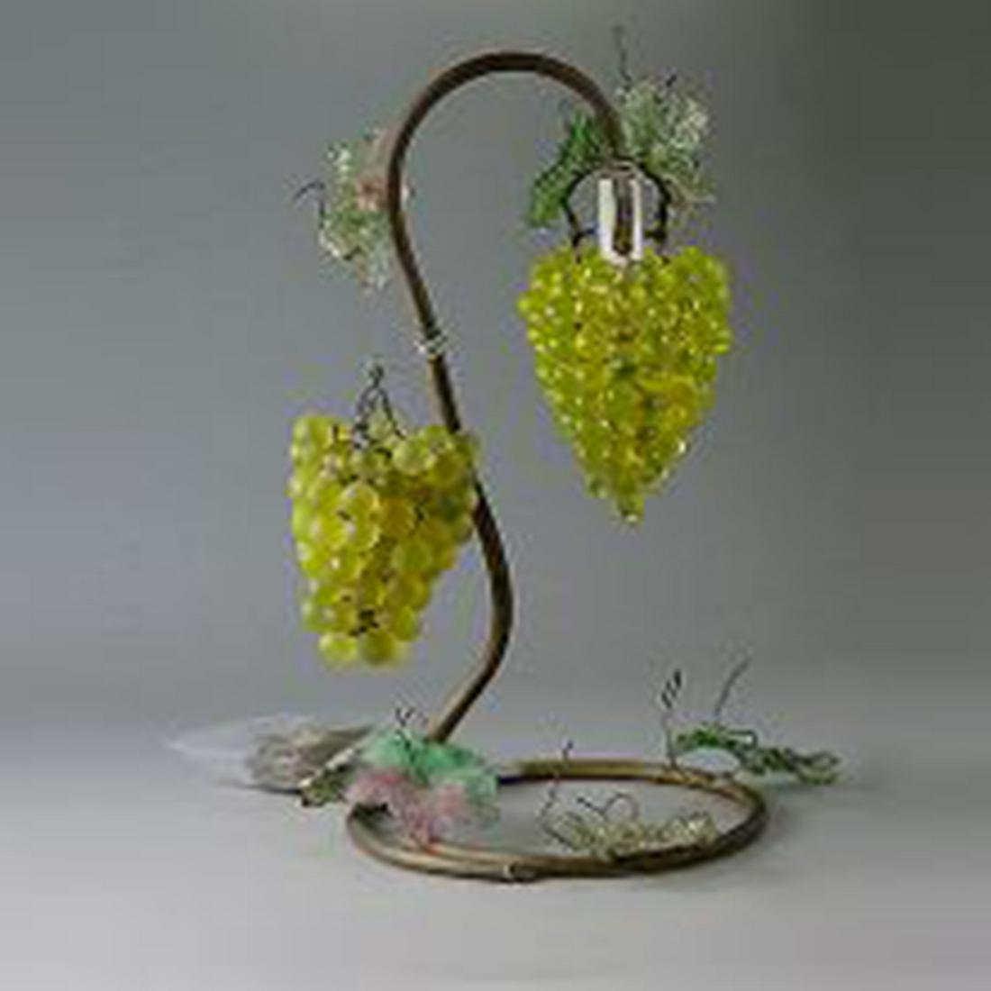 Czechoslovakian Glass Lamp with Grape Bunches: Czechoslovakian Glass Lamp with Hanging Grape Bunches {Height 16 inches} [losses; missing pieces]